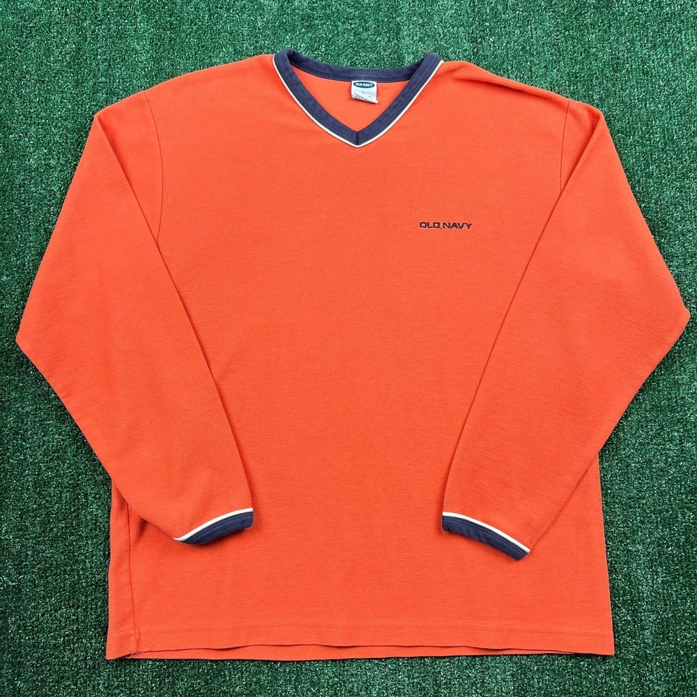 Vintage Old Navy T-Shirt Men's Orange Navy L Long Sleeve V-Neck 60/40 Skater Y2K